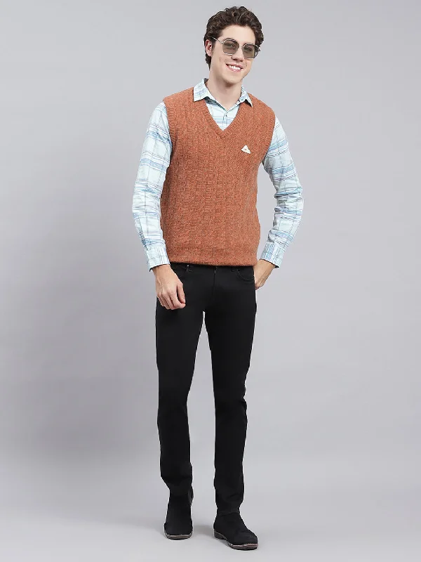 Men's Sweaters for Mild WeatherMen Orange Self Design Lamb wool Sweater