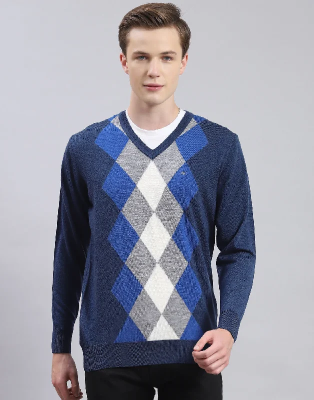 Men's Sweaters for SpringMen Blue Self Design V Neck Full Sleeve Sweater