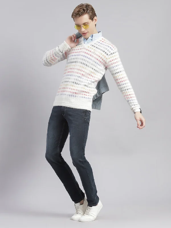 Men's Sweaters with Ribbed HemsMen White Self Design V Neck Full Sleeve Sweaters/Pullovers