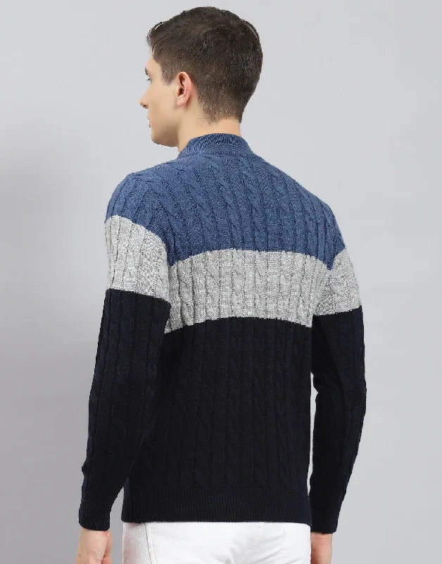 Men's Sweaters with Fold-Over CuffsMen Navy Blue Self Design T Neck Full Sleeve Sweater