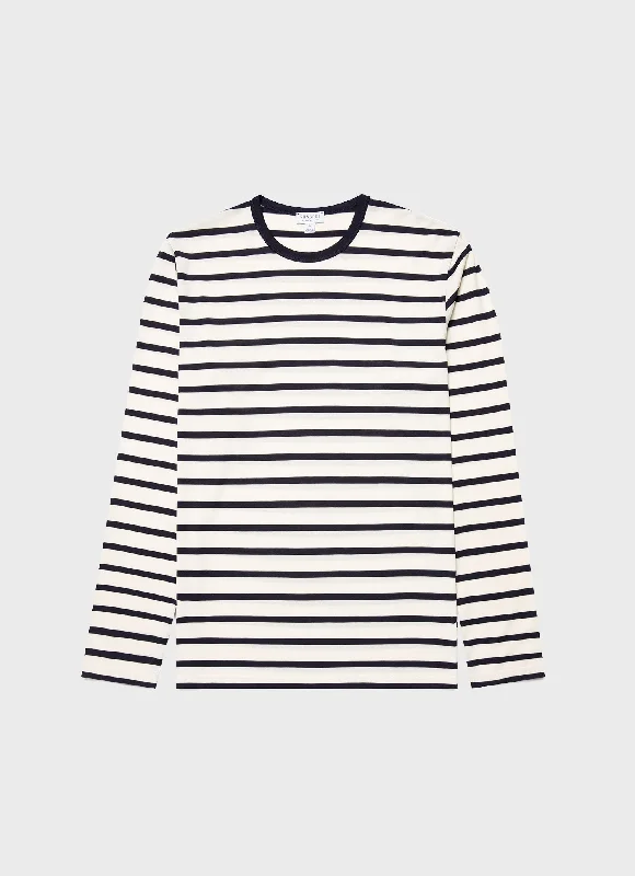 Men's Shirts with Short PlacketsMen's Long Sleeve Classic T-shirt in Ecru/Navy Breton Stripe