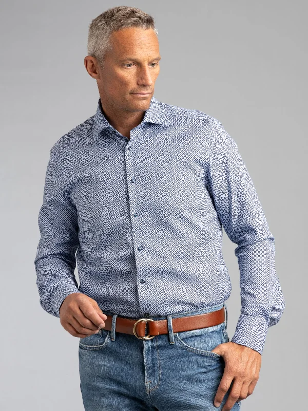 Men's Crew Neck T-Shirts for Everyday WearBlue Geometric Patterned Oxford Shirt