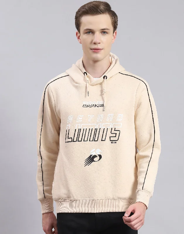 Men's Hoodies with Pass-Through PocketsMen Beige Printed Hooded Full Sleeve Sweatshirt