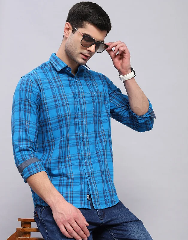 Men's Designer Dress Shirts for High-End FashionMen Blue Check Collar Full Sleeve Shirt