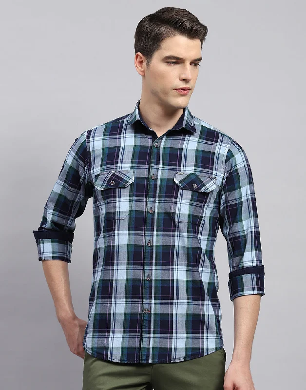 Men's Crew Neck T-Shirts for Everyday WearMen Blue Check Collar Neck Full Sleeve Shirt