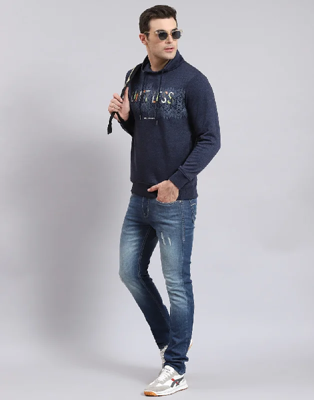 Men's Hoodies for CampingMen Blue Printed F Neck Full Sleeve Sweatshirt