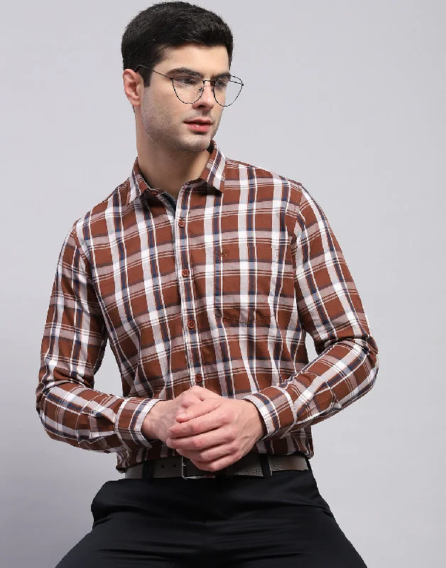 Versatile Men's Short-Sleeve ShirtsMen Brown Check Collar Full Sleeve Shirt