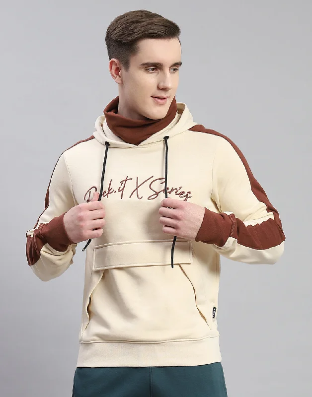 Comfortable Men's Fleece HoodiesMen Cream Solid Hooded Full Sleeve Sweatshirt