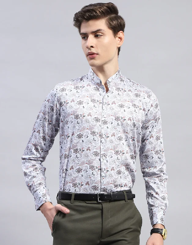 Men's Geometric Print Shirts for a Modern TwistMen Grey Printed Mandarin Collar Full Sleeve Shirt