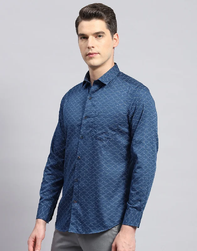 Men's Geometric Print Shirts for a Modern TwistMen Navy Blue Printed Collar Neck Full Sleeve Shirt