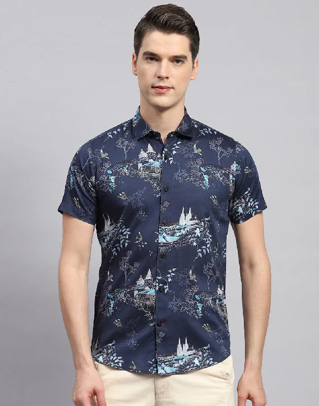 Men's Tennis Shirts for Court ComfortMen Navy Blue Printed Collar Neck Half Sleeve Shirt