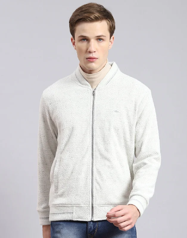 Men's Hoodies with Zippered PocketsMen Off White Solid Mandarin Collar Full Sleeve Sweatshirt