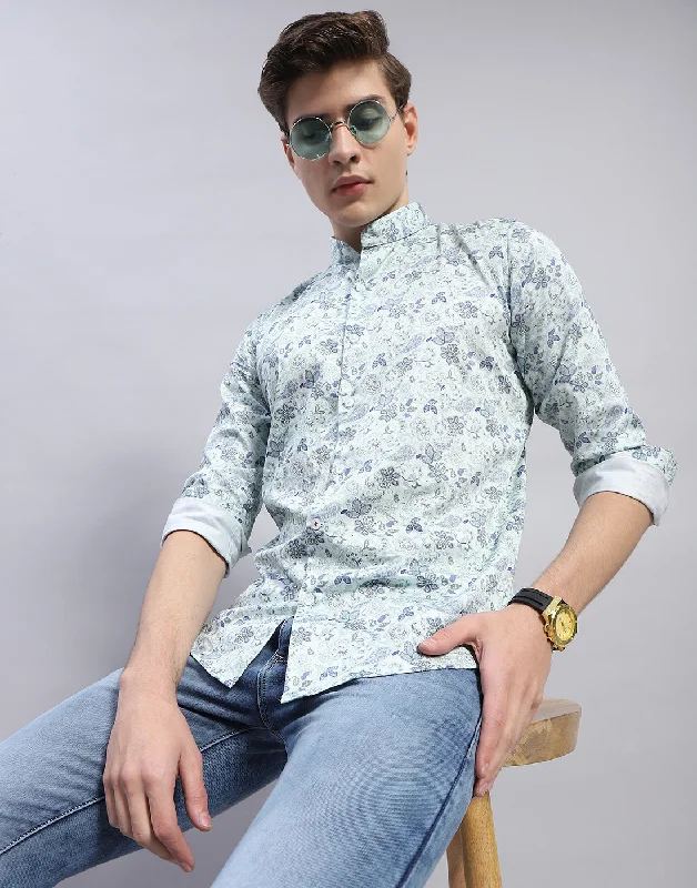 Men's Minimalist Shirts for a Clean LookMen Sea Green Printed Mandarin Collar Full Sleeve Shirt