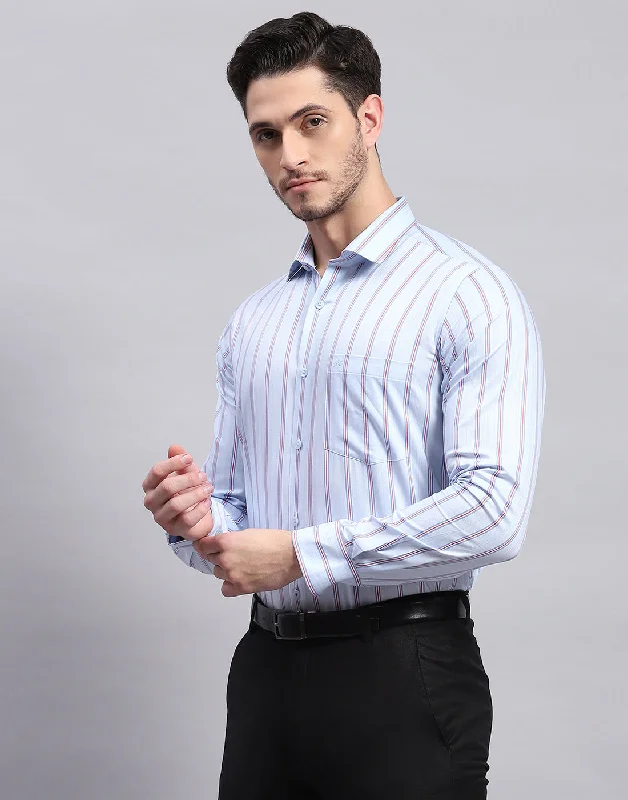 Men's Easy-Care Shirts for Busy LifestylesMen Sky Blue Stripe Collar Full Sleeve Shirt