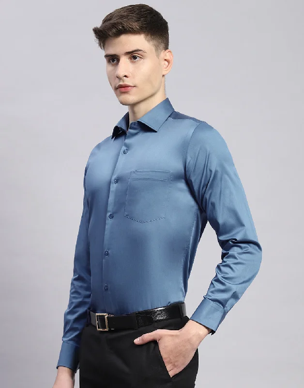 Men's Weekend Shirts for Leisurely OutingsMen Teal Blue Solid Collar Full Sleeve Shirt