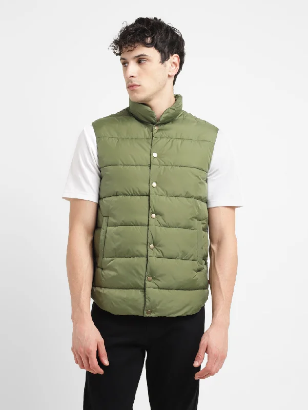 Fashionable Men's Denim JacketsMen's Solid Green Band Neck Jacket