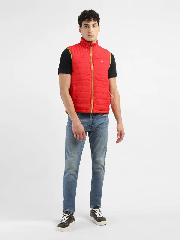 Stylish Men's Biker JacketsMen's Solid Red Mandarin Collar Jacket