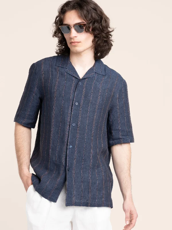 Men's Wingtip-Collar Shirts for a Classic TouchNavy Embroidered Striped Linen Shirt