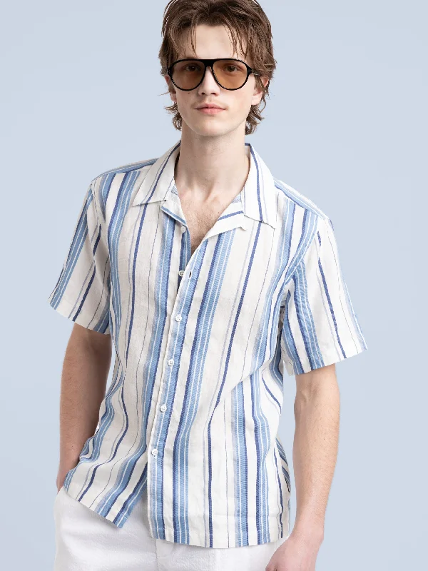 Men's Pattern-Play Shirts for a Fun TwistNavy/White Striped Short Sleeve Kent Collar Shirt