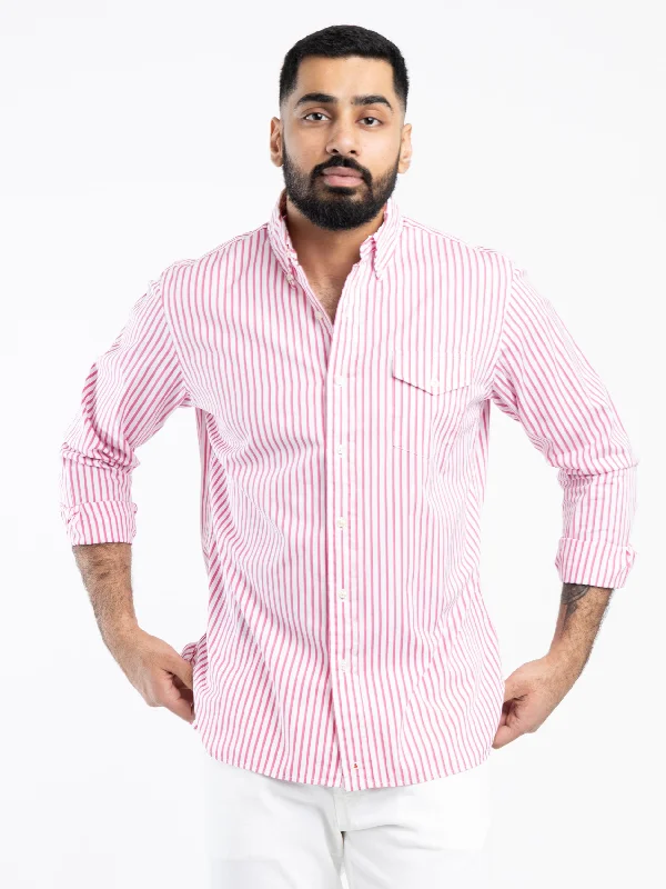 Men's Checked Short-Sleeve Shirts for Summer FunPink/White Relaxed Fit Striped Cotton Shirt