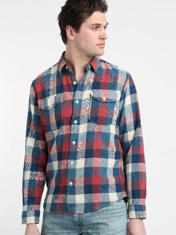 Men's Relaxed-Fit Shirts for Casual ComfortRed/Indigo Plaid Cotton-Linen Workshirt