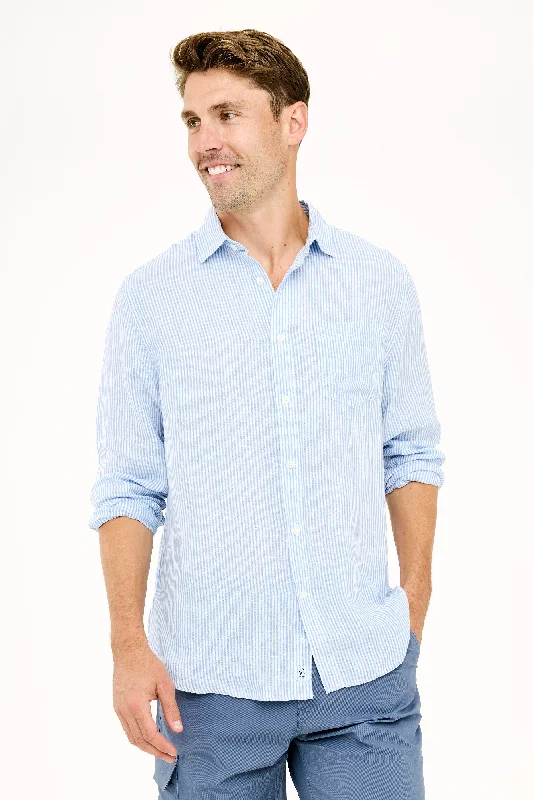 Durable Men's Work ShirtsStriped Linen Shirt - Blue Stripe