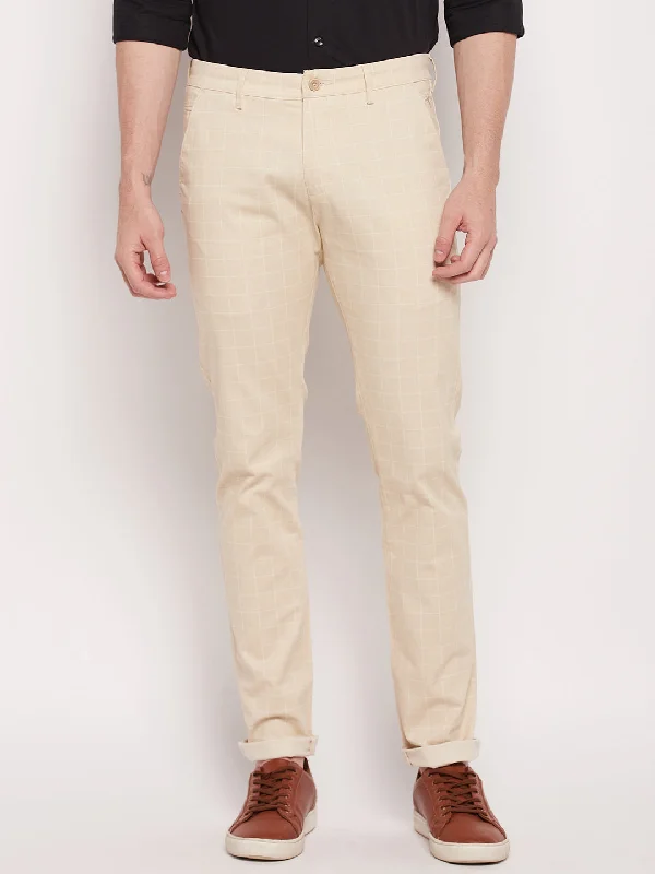 Men's High-Waisted Pants for a Retro StyleMen's Casual Flat front Beige Checks Trousers