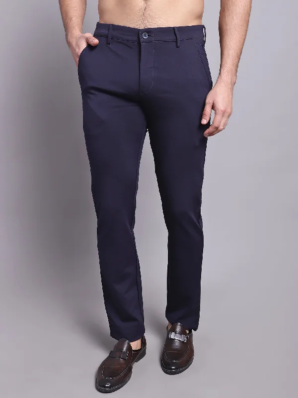 Men's Pants with Turn-Up CuffsMen's Casual Flat front Navy Blue  Trousers