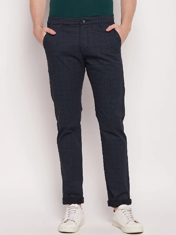 Men's Elastic-Waisted Pants for Easy MovementMen's Casual Flat front Navy Blue Checks Trousers