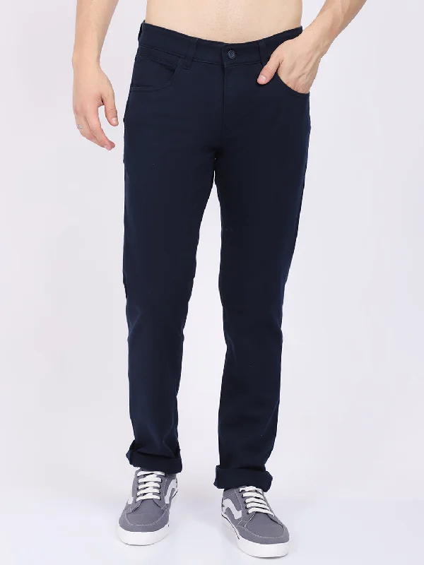 Men's Pants with Embroidered DesignsMen's Casual Flat front Navy Blue  Trousers