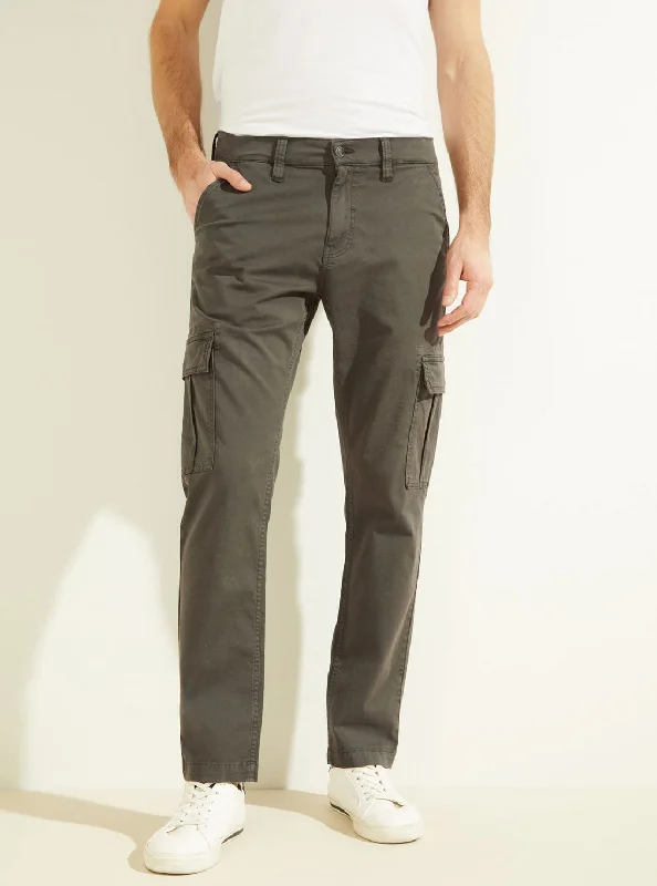 Men's Pants with Faux Leather PatchesKhaki Green Lonta Cargo Pants